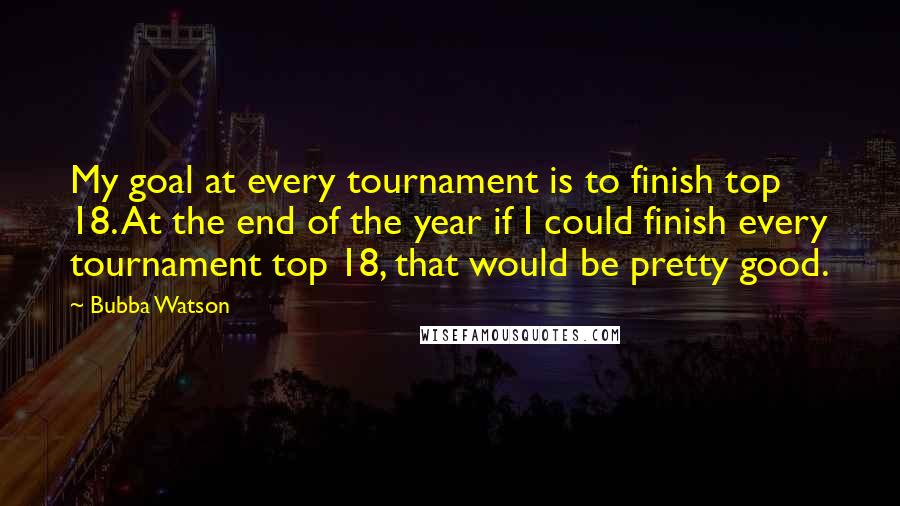 Bubba Watson Quotes: My goal at every tournament is to finish top 18. At the end of the year if I could finish every tournament top 18, that would be pretty good.