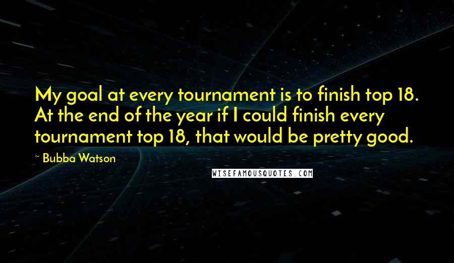 Bubba Watson Quotes: My goal at every tournament is to finish top 18. At the end of the year if I could finish every tournament top 18, that would be pretty good.