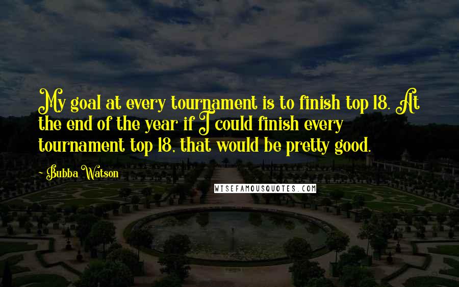 Bubba Watson Quotes: My goal at every tournament is to finish top 18. At the end of the year if I could finish every tournament top 18, that would be pretty good.