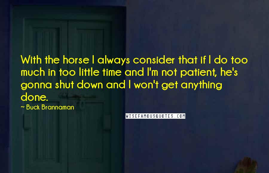 Buck Brannaman Quotes: With the horse I always consider that if I do too much in too little time and I'm not patient, he's gonna shut down and I won't get anything done.