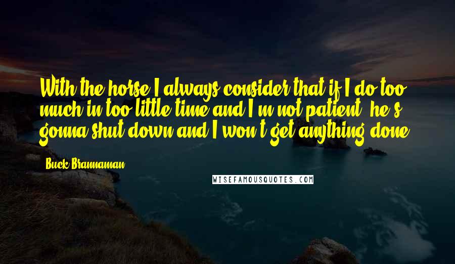 Buck Brannaman Quotes: With the horse I always consider that if I do too much in too little time and I'm not patient, he's gonna shut down and I won't get anything done.