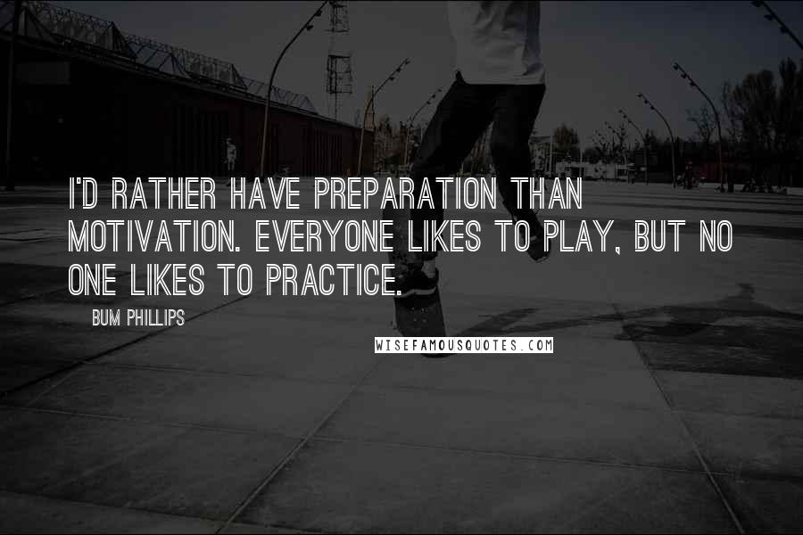 Bum Phillips Quotes: I'd rather have preparation than motivation. Everyone likes to play, but no one likes to practice.