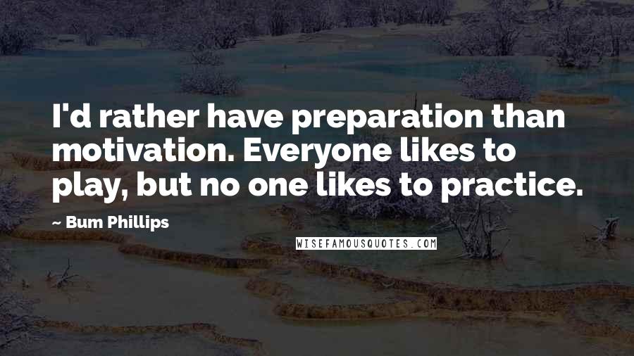 Bum Phillips Quotes: I'd rather have preparation than motivation. Everyone likes to play, but no one likes to practice.