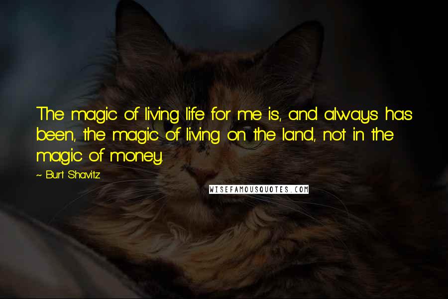 Burt Shavitz Quotes: The magic of living life for me is, and always has been, the magic of living on the land, not in the magic of money.