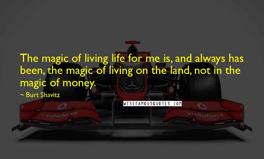 Burt Shavitz Quotes: The magic of living life for me is, and always has been, the magic of living on the land, not in the magic of money.