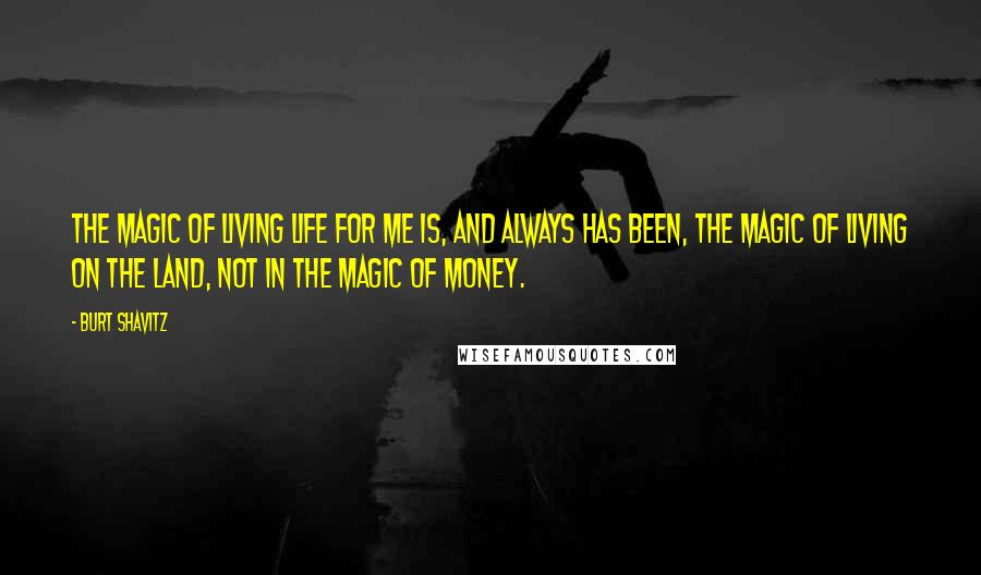Burt Shavitz Quotes: The magic of living life for me is, and always has been, the magic of living on the land, not in the magic of money.