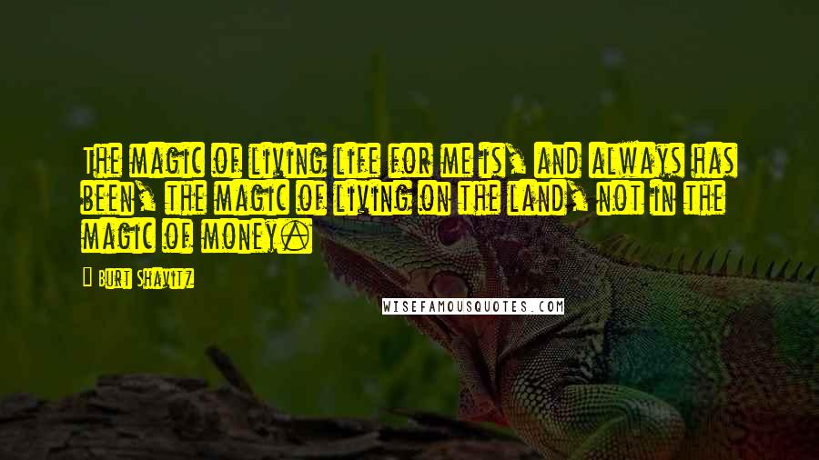 Burt Shavitz Quotes: The magic of living life for me is, and always has been, the magic of living on the land, not in the magic of money.