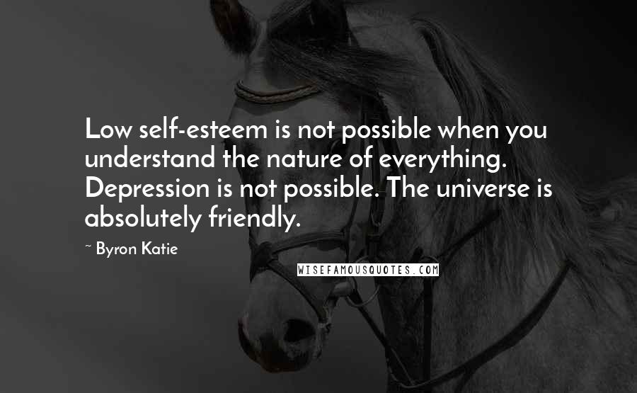 Byron Katie Quotes: Low self-esteem is not possible when you understand the nature of everything. Depression is not possible. The universe is absolutely friendly.
