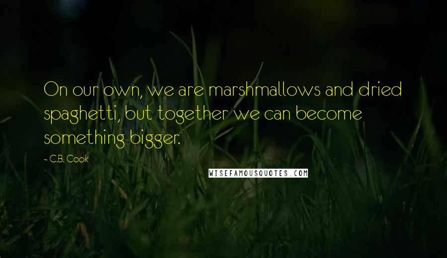 C.B. Cook Quotes: On our own, we are marshmallows and dried spaghetti, but together we can become something bigger.