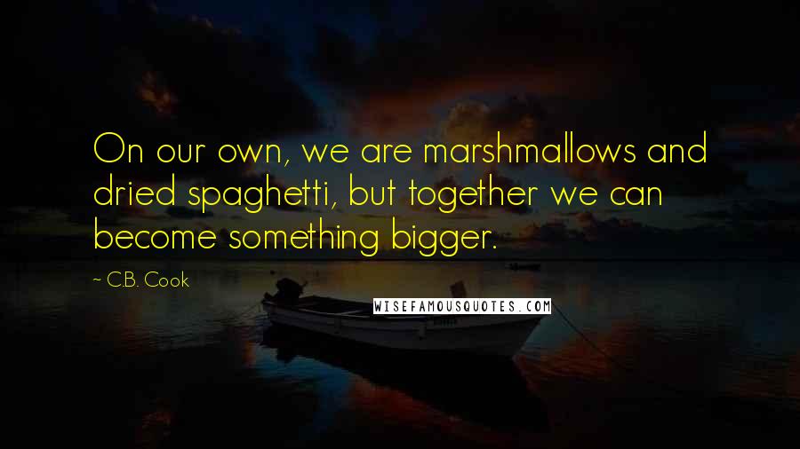 C.B. Cook Quotes: On our own, we are marshmallows and dried spaghetti, but together we can become something bigger.