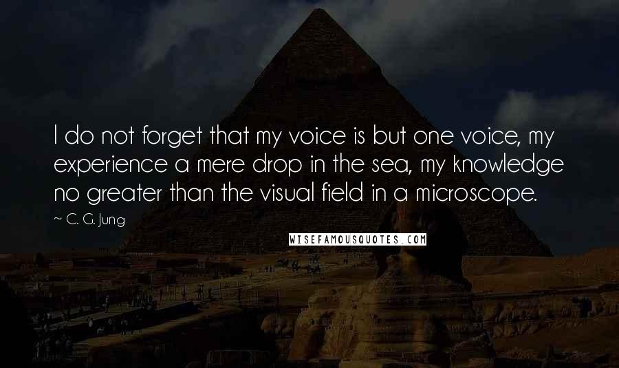 C. G. Jung Quotes: I do not forget that my voice is but one voice, my experience a mere drop in the sea, my knowledge no greater than the visual field in a microscope.