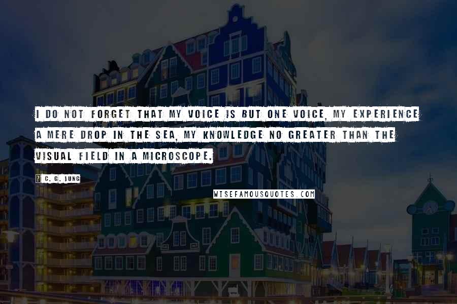 C. G. Jung Quotes: I do not forget that my voice is but one voice, my experience a mere drop in the sea, my knowledge no greater than the visual field in a microscope.