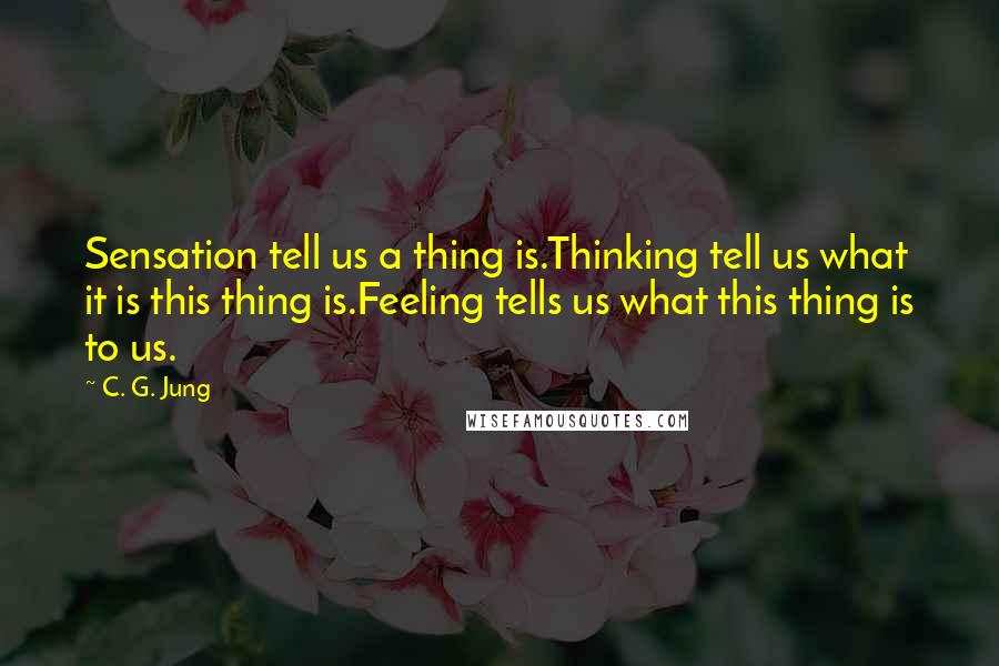 C. G. Jung Quotes: Sensation tell us a thing is.Thinking tell us what it is this thing is.Feeling tells us what this thing is to us.