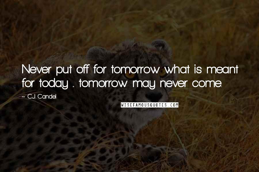 C.J. Candel Quotes: Never put off for tomorrow what is meant for today ... tomorrow may never come.