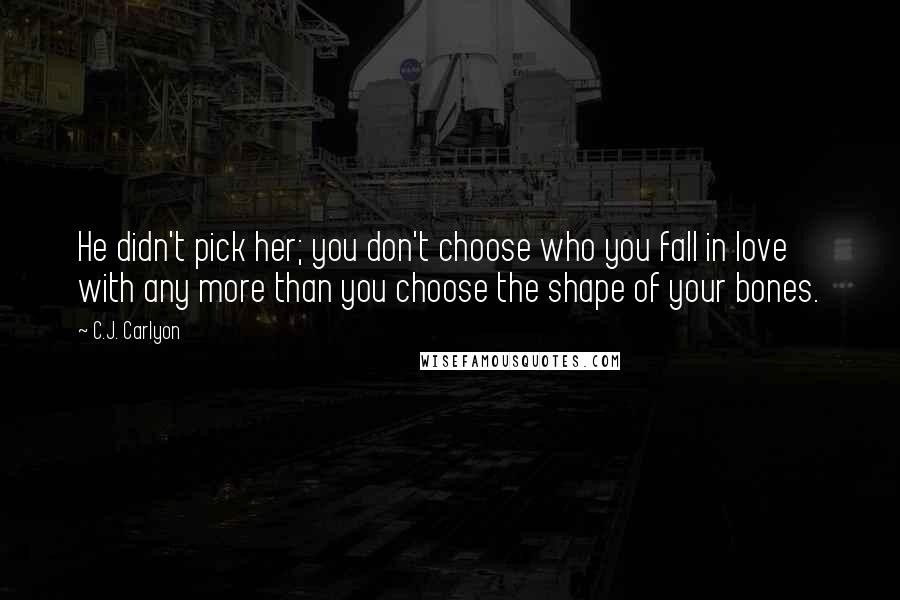 C.J. Carlyon Quotes: He didn't pick her; you don't choose who you fall in love with any more than you choose the shape of your bones.