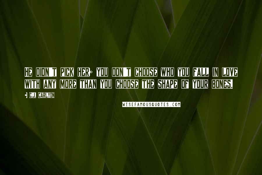 C.J. Carlyon Quotes: He didn't pick her; you don't choose who you fall in love with any more than you choose the shape of your bones.