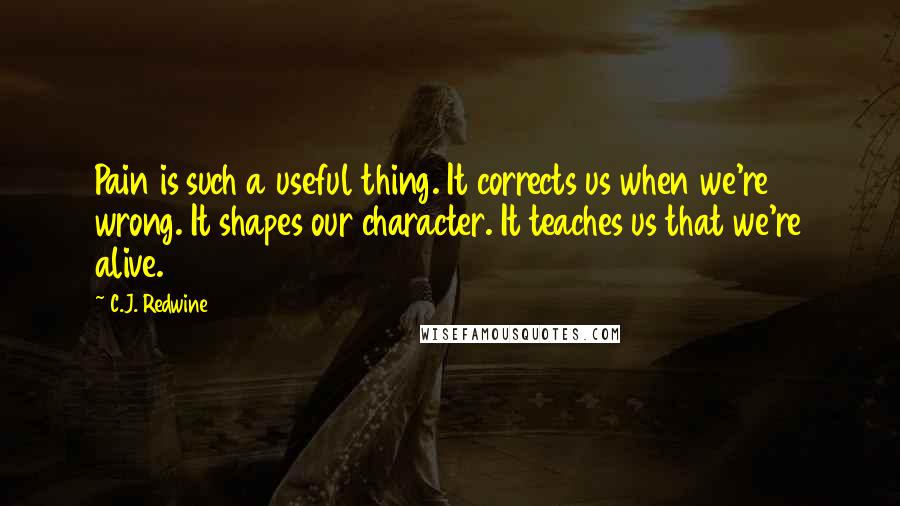 C.J. Redwine Quotes: Pain is such a useful thing. It corrects us when we're wrong. It shapes our character. It teaches us that we're alive.