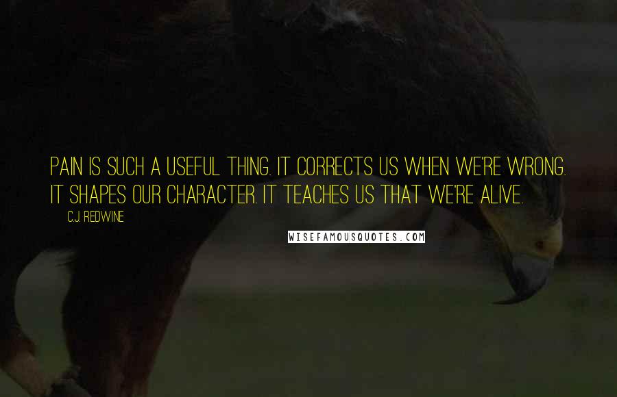 C.J. Redwine Quotes: Pain is such a useful thing. It corrects us when we're wrong. It shapes our character. It teaches us that we're alive.