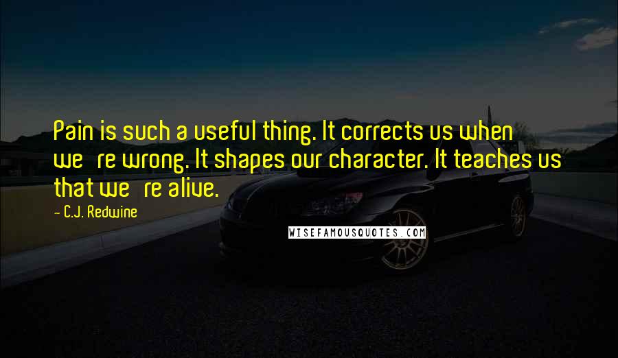 C.J. Redwine Quotes: Pain is such a useful thing. It corrects us when we're wrong. It shapes our character. It teaches us that we're alive.