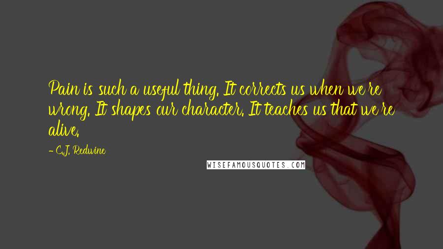 C.J. Redwine Quotes: Pain is such a useful thing. It corrects us when we're wrong. It shapes our character. It teaches us that we're alive.