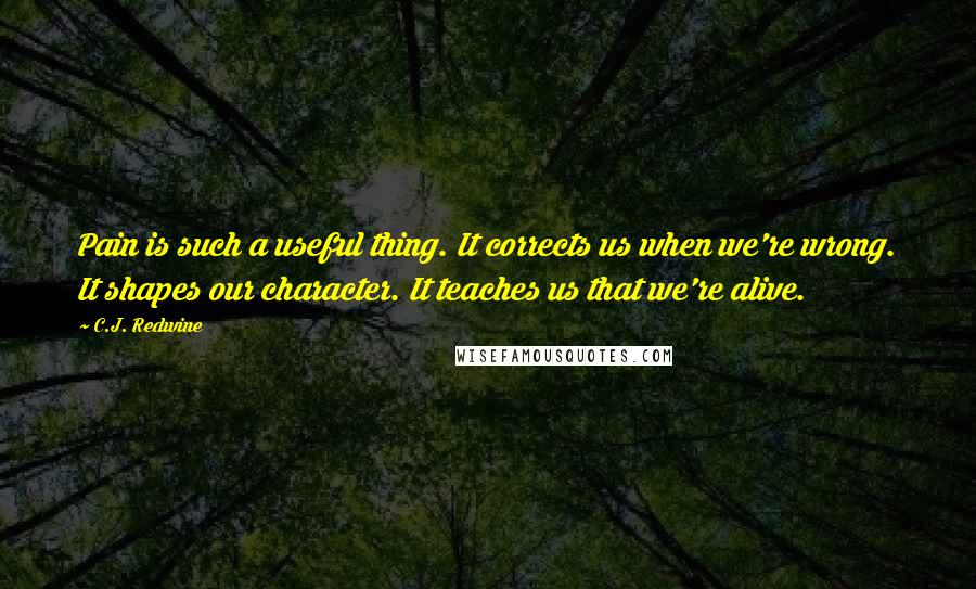 C.J. Redwine Quotes: Pain is such a useful thing. It corrects us when we're wrong. It shapes our character. It teaches us that we're alive.