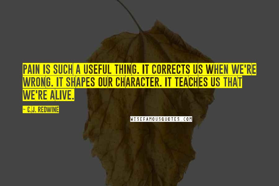 C.J. Redwine Quotes: Pain is such a useful thing. It corrects us when we're wrong. It shapes our character. It teaches us that we're alive.