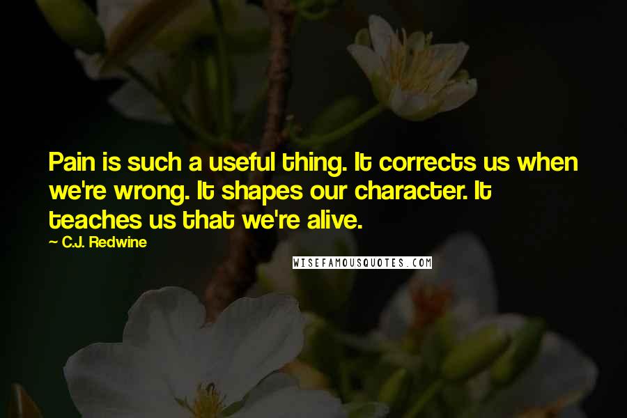 C.J. Redwine Quotes: Pain is such a useful thing. It corrects us when we're wrong. It shapes our character. It teaches us that we're alive.
