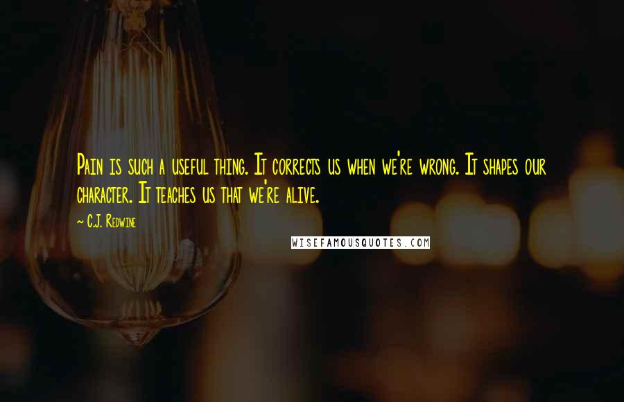 C.J. Redwine Quotes: Pain is such a useful thing. It corrects us when we're wrong. It shapes our character. It teaches us that we're alive.