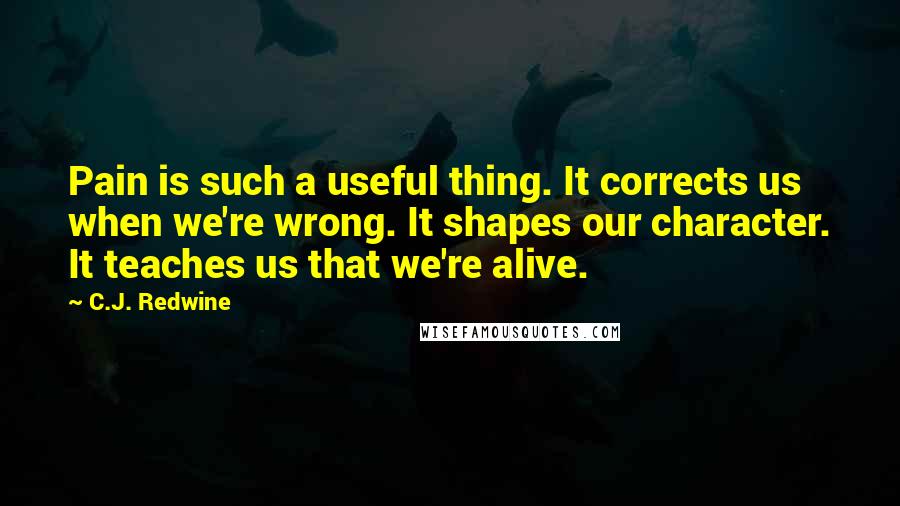 C.J. Redwine Quotes: Pain is such a useful thing. It corrects us when we're wrong. It shapes our character. It teaches us that we're alive.