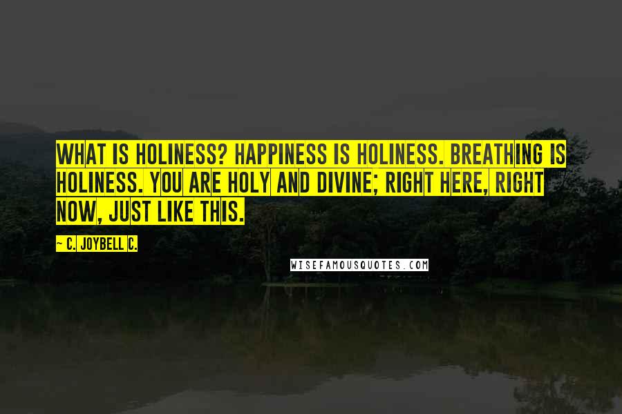 C. JoyBell C. Quotes: What is holiness? Happiness is holiness. Breathing is holiness. You are holy and divine; right here, right now, just like this.