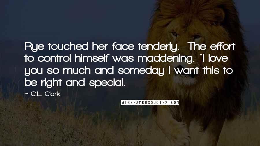 C.L. Clark Quotes: Rye touched her face tenderly.  The effort to control himself was maddening. "I love you so much and someday I want this to be right and special.