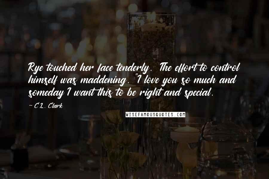 C.L. Clark Quotes: Rye touched her face tenderly.  The effort to control himself was maddening. "I love you so much and someday I want this to be right and special.