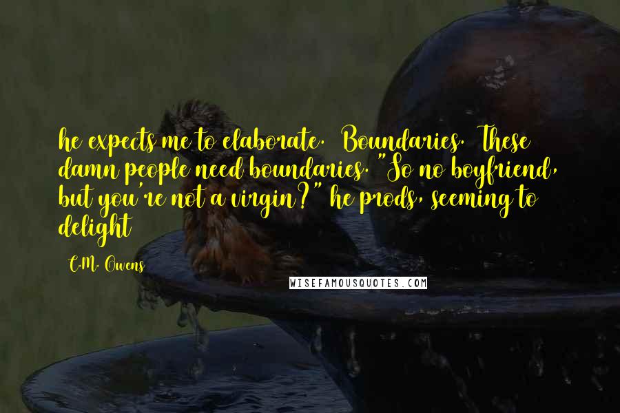 C.M. Owens Quotes: he expects me to elaborate.  Boundaries.  These damn people need boundaries. "So no boyfriend, but you're not a virgin?" he prods, seeming to delight