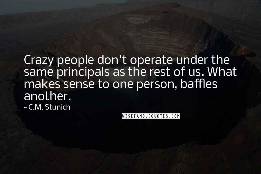 C.M. Stunich Quotes: Crazy people don't operate under the same principals as the rest of us. What makes sense to one person, baffles another.
