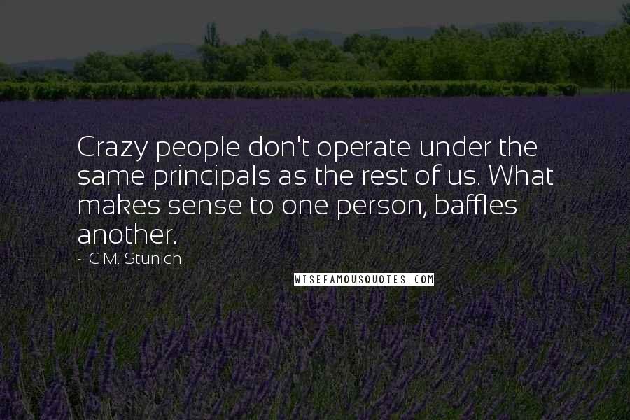 C.M. Stunich Quotes: Crazy people don't operate under the same principals as the rest of us. What makes sense to one person, baffles another.