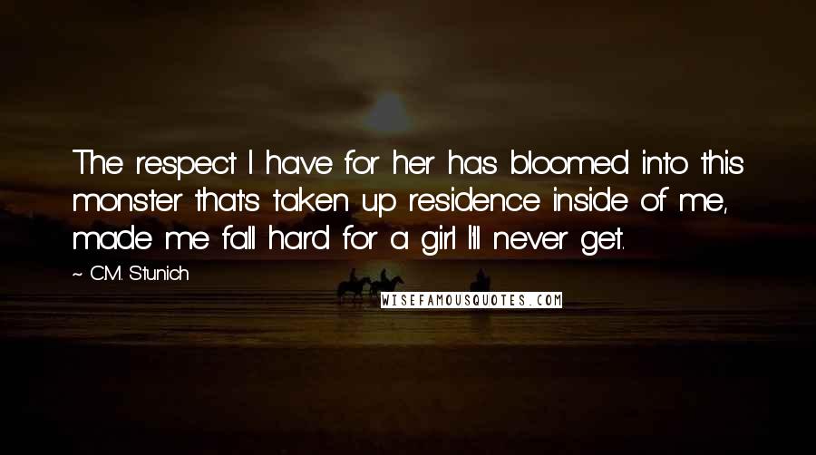C.M. Stunich Quotes: The respect I have for her has bloomed into this monster that's taken up residence inside of me, made me fall hard for a girl I'll never get.