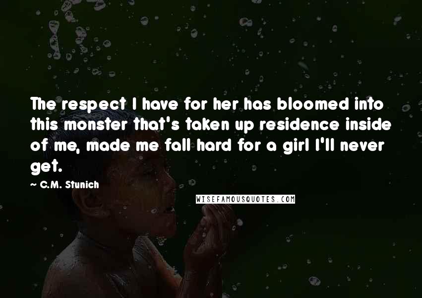 C.M. Stunich Quotes: The respect I have for her has bloomed into this monster that's taken up residence inside of me, made me fall hard for a girl I'll never get.