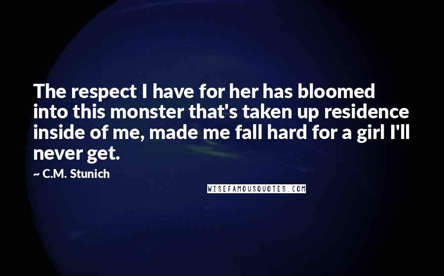C.M. Stunich Quotes: The respect I have for her has bloomed into this monster that's taken up residence inside of me, made me fall hard for a girl I'll never get.