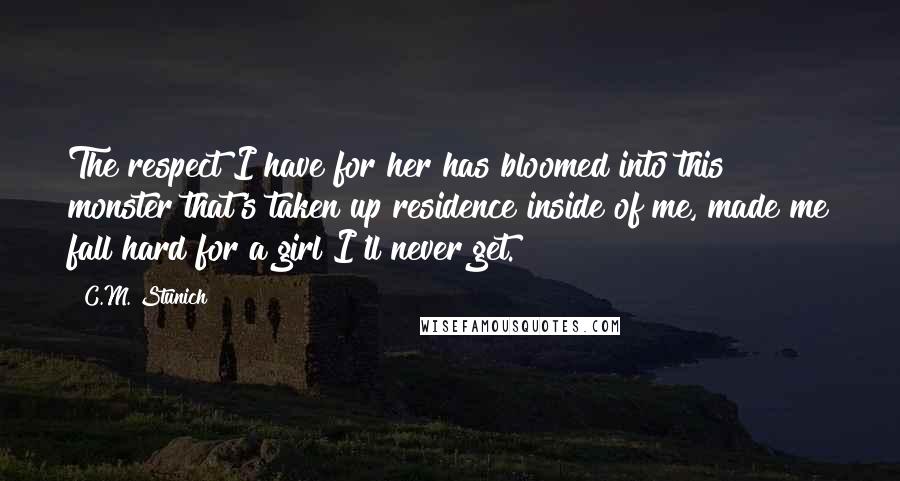 C.M. Stunich Quotes: The respect I have for her has bloomed into this monster that's taken up residence inside of me, made me fall hard for a girl I'll never get.