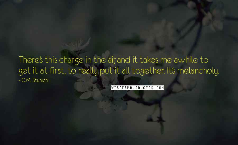 C.M. Stunich Quotes: There's this charge in the air, and it takes me awhile to get it at first, to really put it all together. It's melancholy.