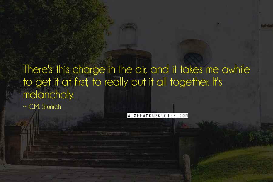 C.M. Stunich Quotes: There's this charge in the air, and it takes me awhile to get it at first, to really put it all together. It's melancholy.