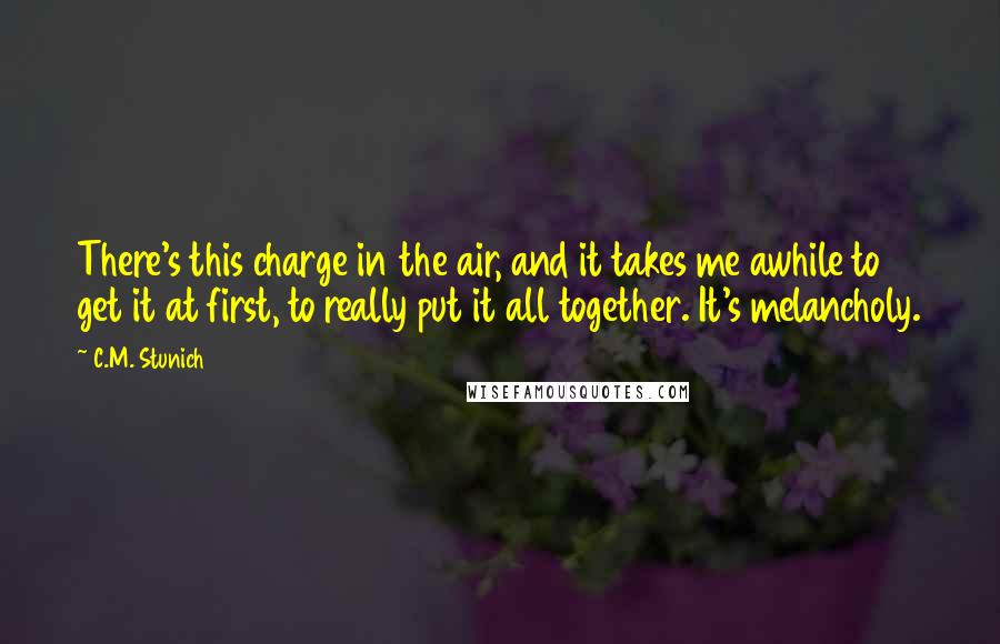 C.M. Stunich Quotes: There's this charge in the air, and it takes me awhile to get it at first, to really put it all together. It's melancholy.