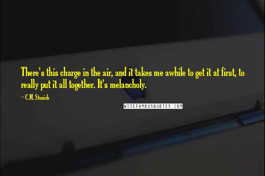 C.M. Stunich Quotes: There's this charge in the air, and it takes me awhile to get it at first, to really put it all together. It's melancholy.