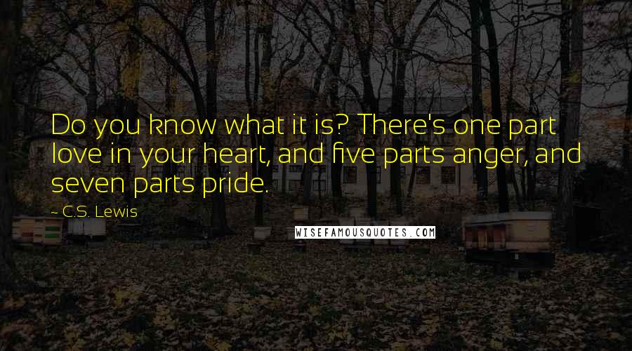 C.S. Lewis Quotes: Do you know what it is? There's one part love in your heart, and five parts anger, and seven parts pride.