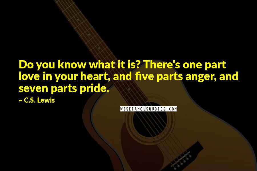 C.S. Lewis Quotes: Do you know what it is? There's one part love in your heart, and five parts anger, and seven parts pride.