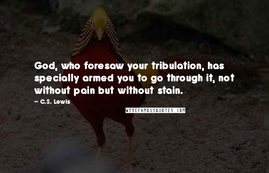 C.S. Lewis Quotes: God, who foresaw your tribulation, has specially armed you to go through it, not without pain but without stain.