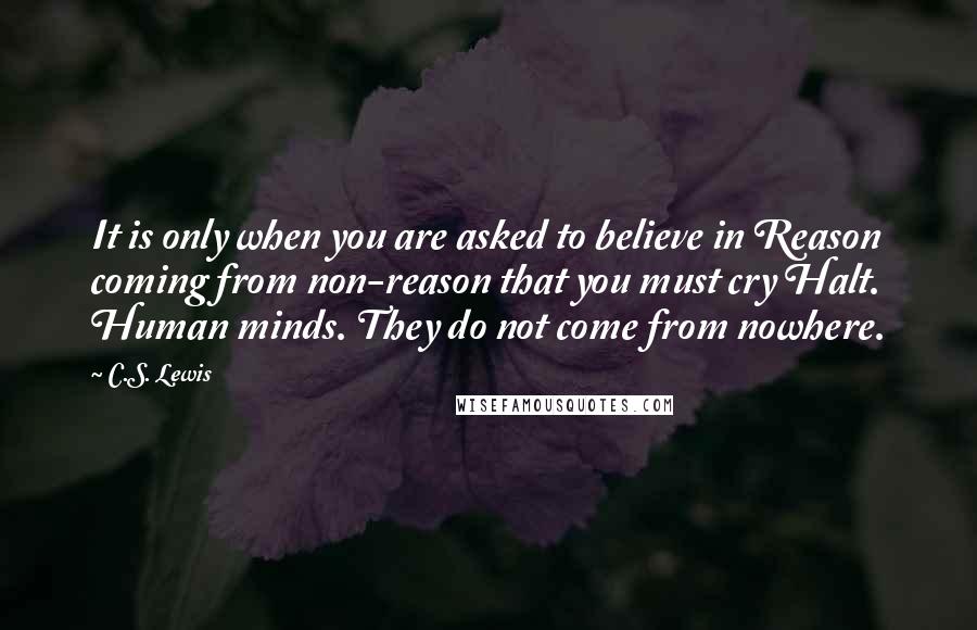C.S. Lewis Quotes: It is only when you are asked to believe in Reason coming from non-reason that you must cry Halt. Human minds. They do not come from nowhere.
