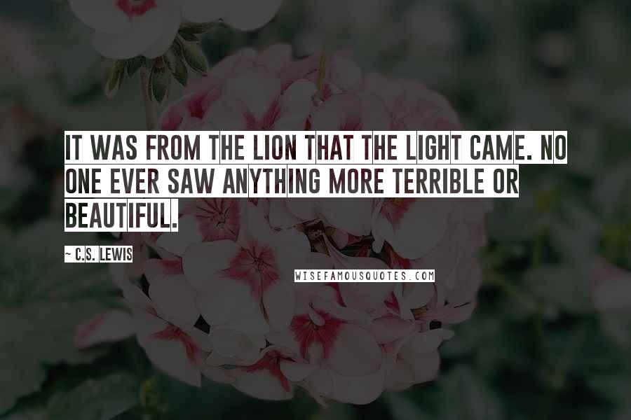 C.S. Lewis Quotes: It was from the Lion that the light came. No one ever saw anything more terrible or beautiful.