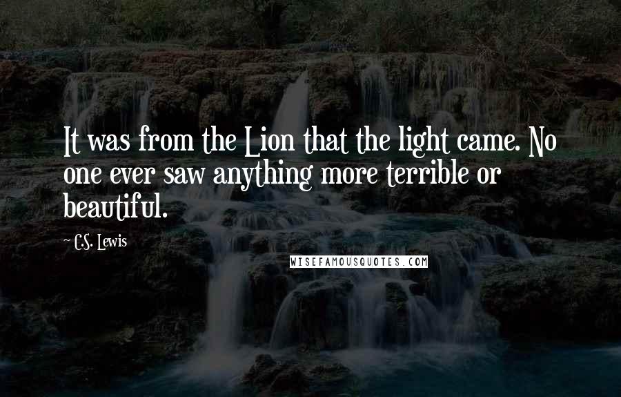 C.S. Lewis Quotes: It was from the Lion that the light came. No one ever saw anything more terrible or beautiful.