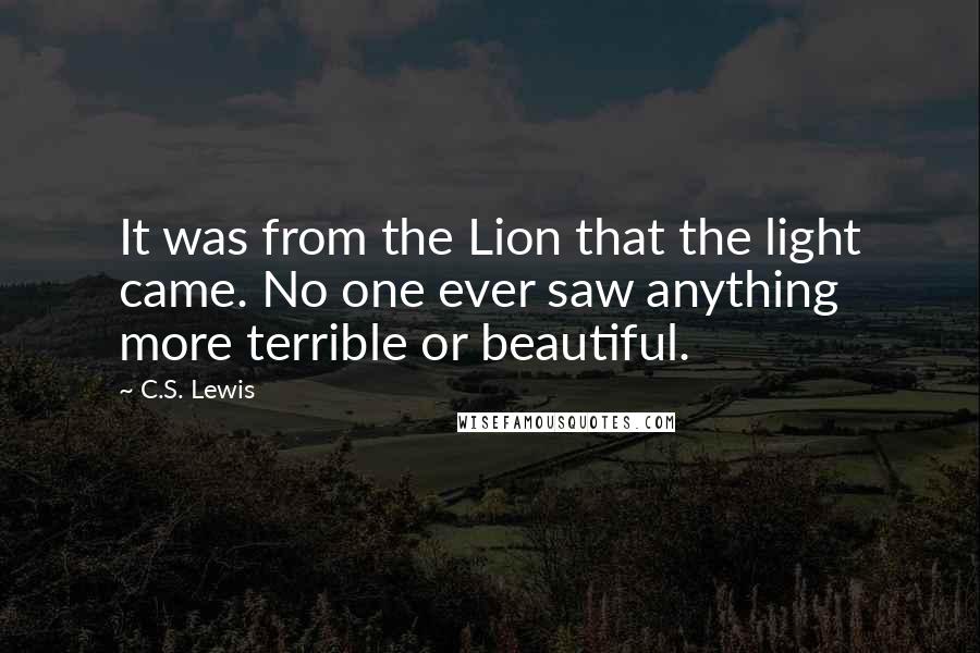 C.S. Lewis Quotes: It was from the Lion that the light came. No one ever saw anything more terrible or beautiful.